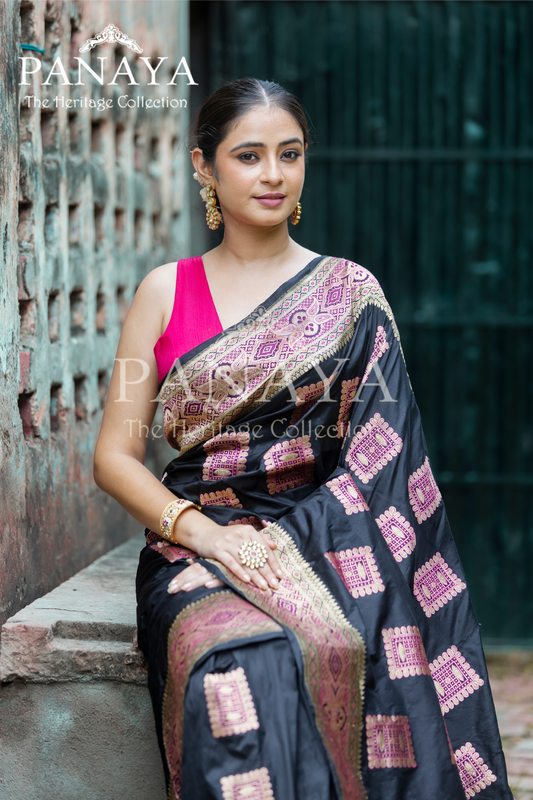 Handloom Katan Silk With Square Heritage Buta Zari Resham Meenakari Work