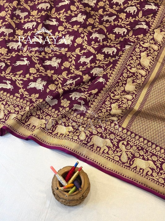 Saree Katan Silk Shikargah Design with Banarasi aanchal & Border with gold & Silver Zari Work