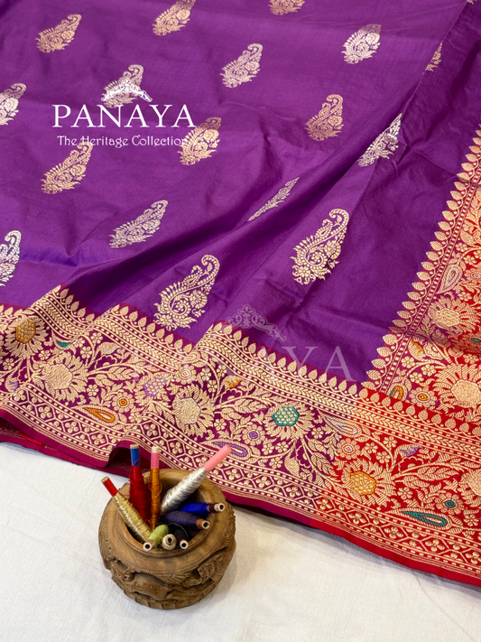 Saree Katan Silk with Contrast aanchal & Border with gold zari Paisely Boota Design