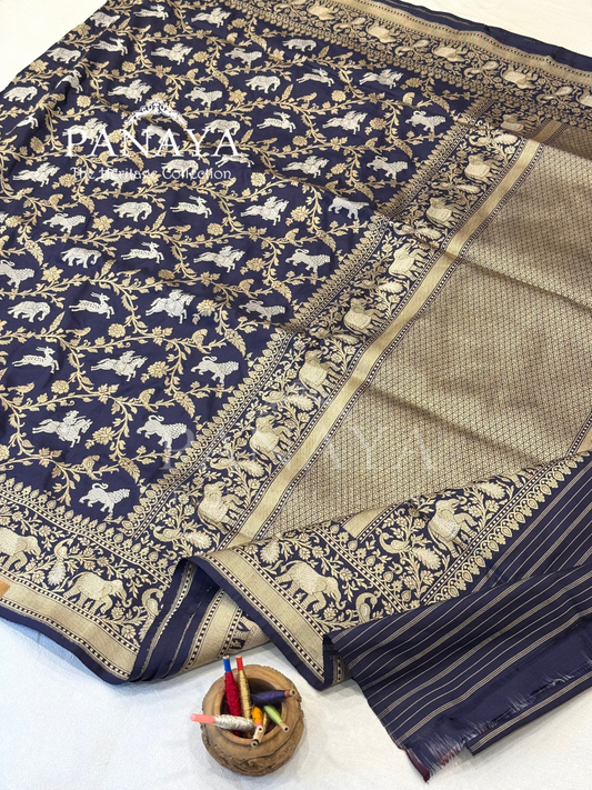 Saree Katan Silk Shikargah Design with Banarasi aanchal & Border with gold & Silver Zari Work