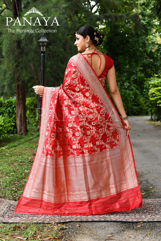 Saree Katan Silk Handwoven with Banrasi Aanchal & Border with Gold & Silver Meenedar Jaal Design