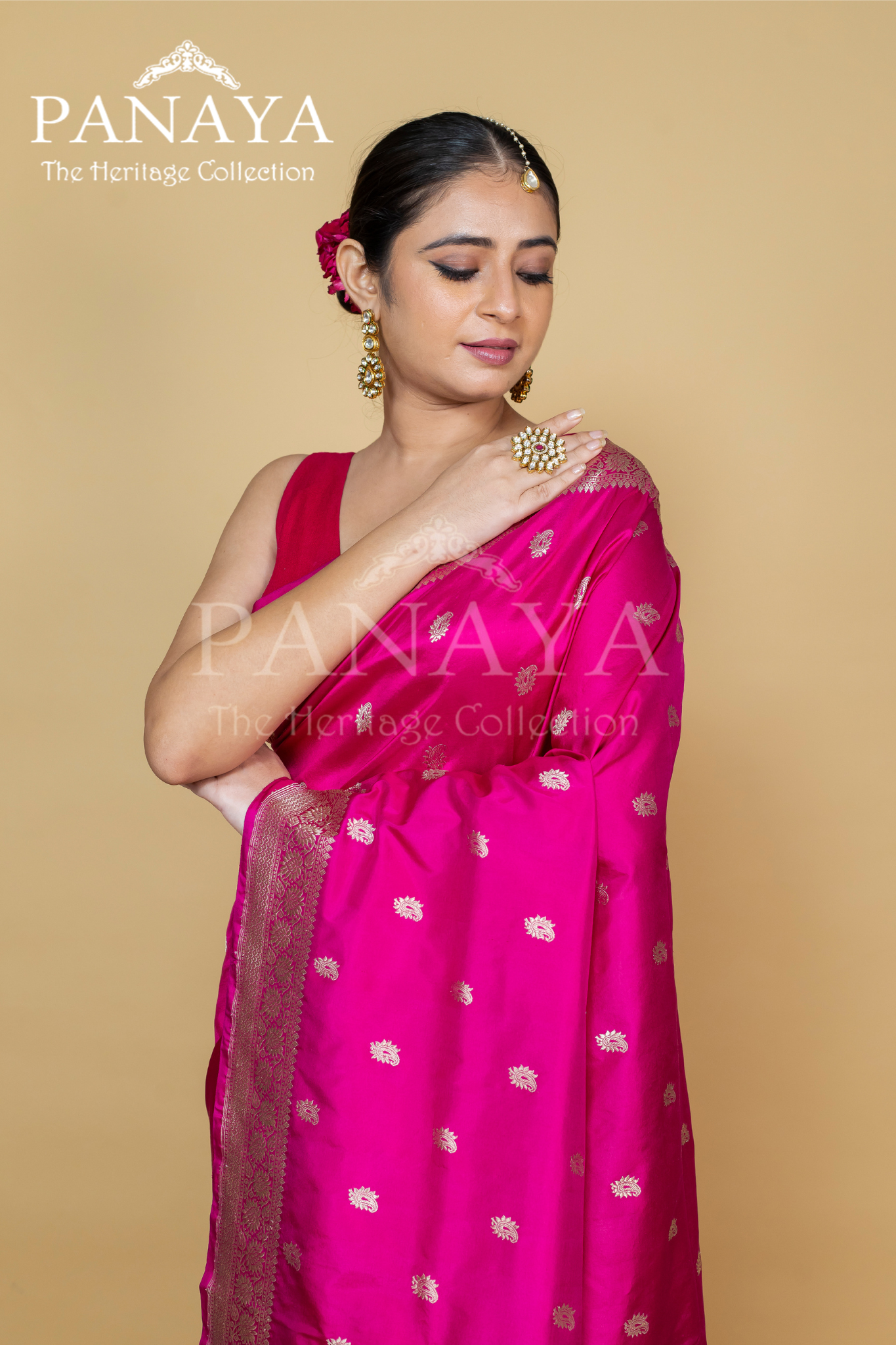 Handloom, katan silk with kadwa buti, kari gold work anchal with zaal lace