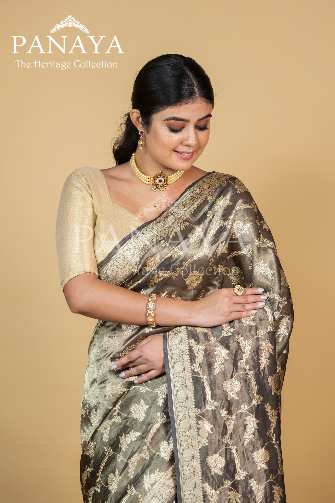 Tissue Silk Zaal Design With Gold Zari And Kairi Anchal