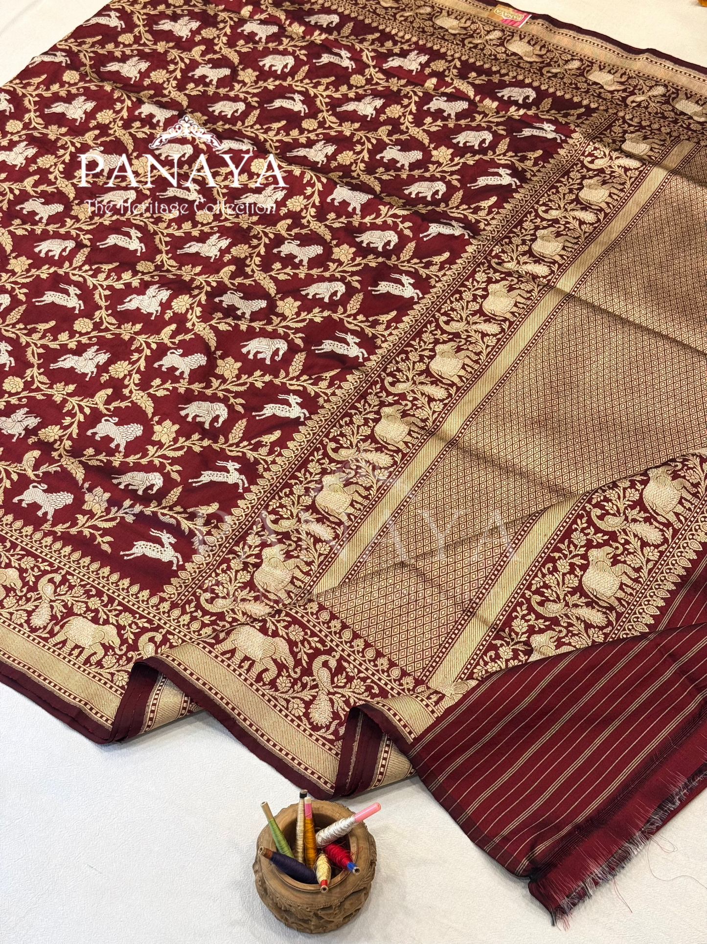 Saree Katan Silk Shikargah Design with Banarasi aanchal & Border with gold & Silver Zari Work