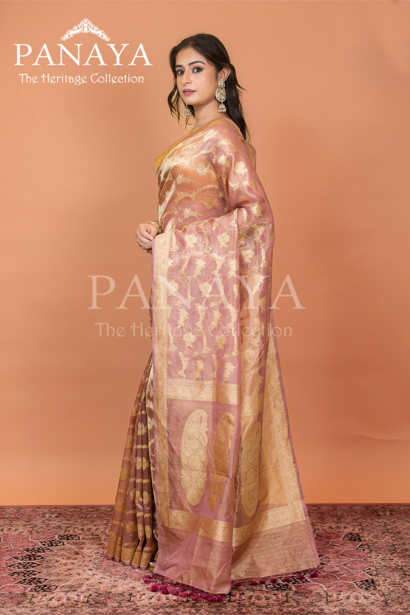 Tissue Silk Zaal Design With Gold Zari And Kairi Anchal