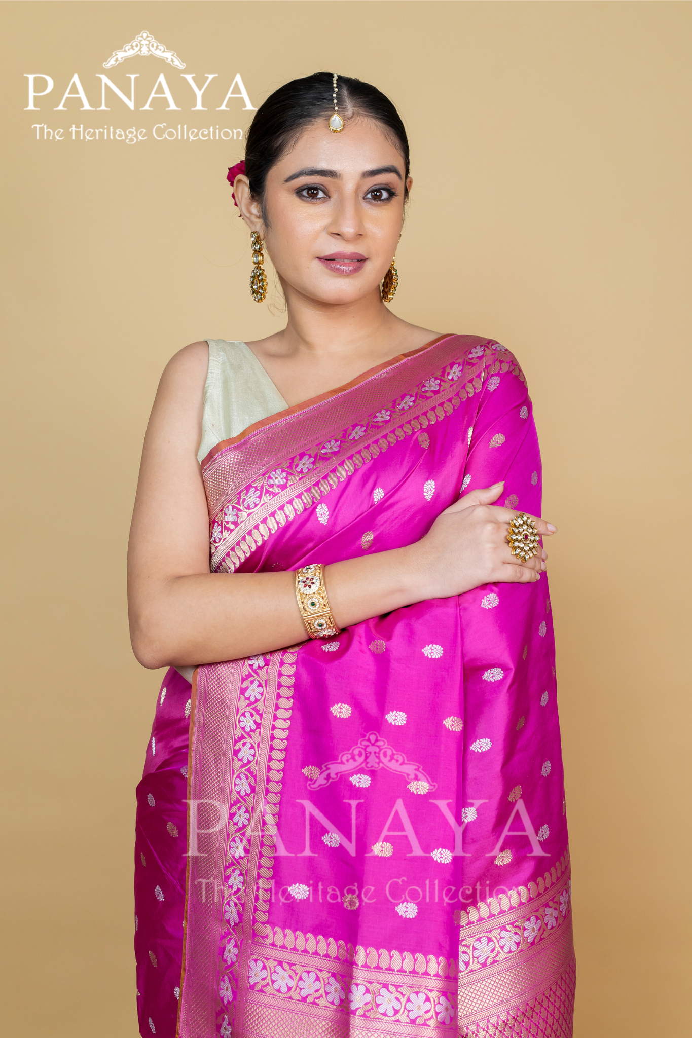 Handloom Katan Silk With Sona Rupa Butti With Banarasi Border And Anchal