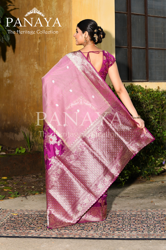 Saree Katan Silk & Organza Silk Half Half Jaal & Booti Design Handwoven with Banrasi Aanchal & Border