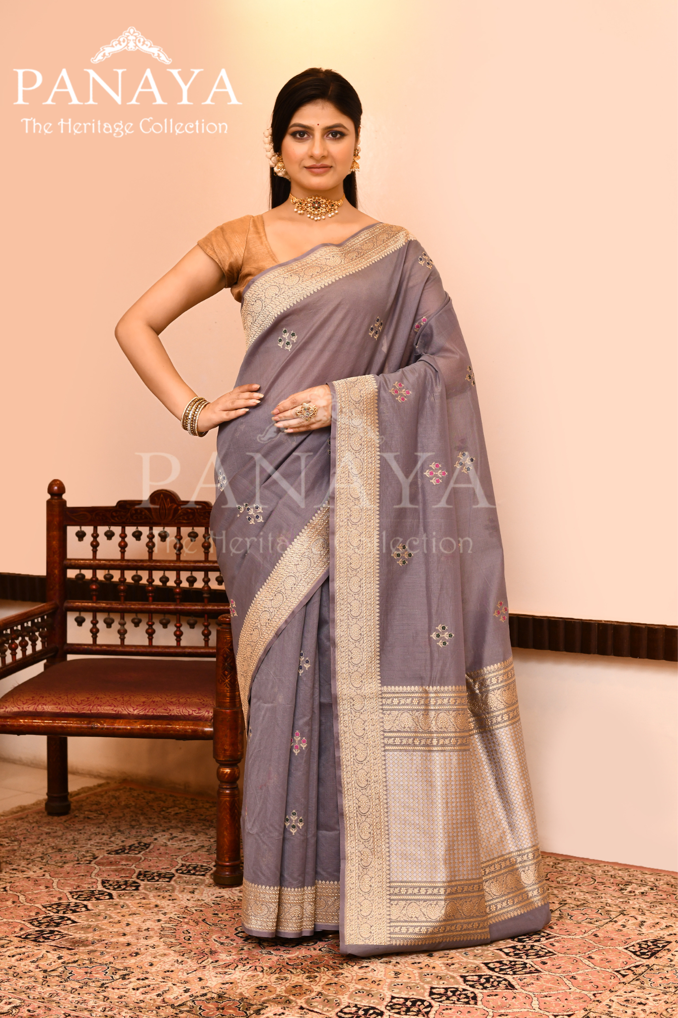 Saree Kora Cotton Silk With Banarasi aanchal & Border with Meenedar Booti