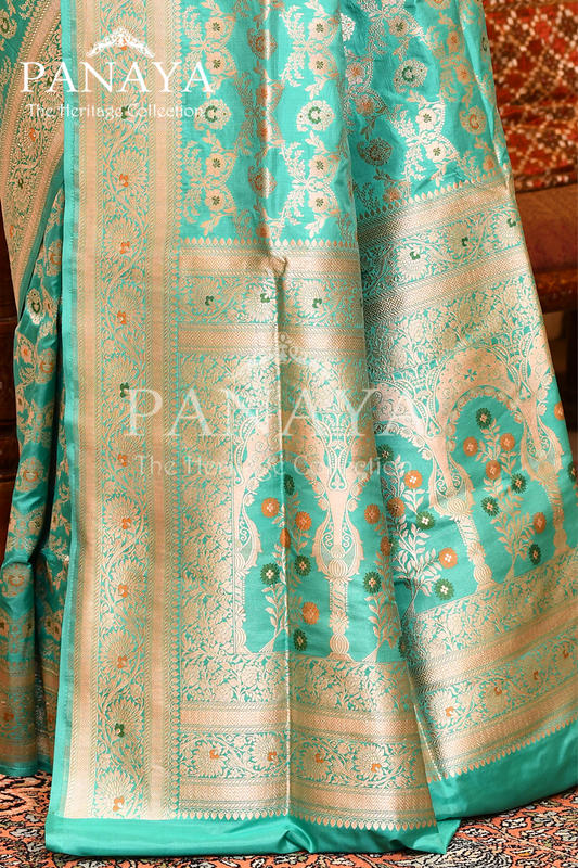 Saree Katan Silk Semi Handwoven with Banrasi Aanchal & Border with Gold & Silver Meenedar Jaal Design