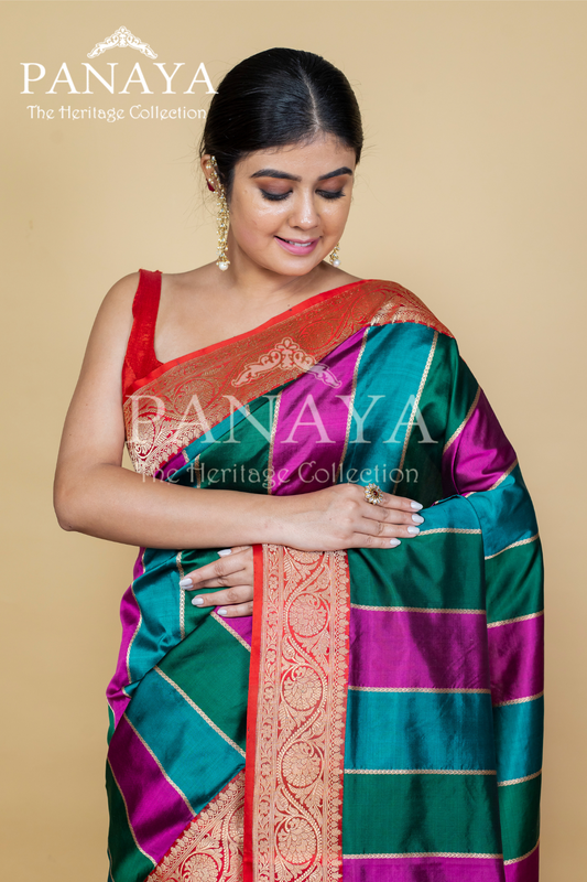 Katan Silk Rangkat With Red Border Banarasi Anchal Border
