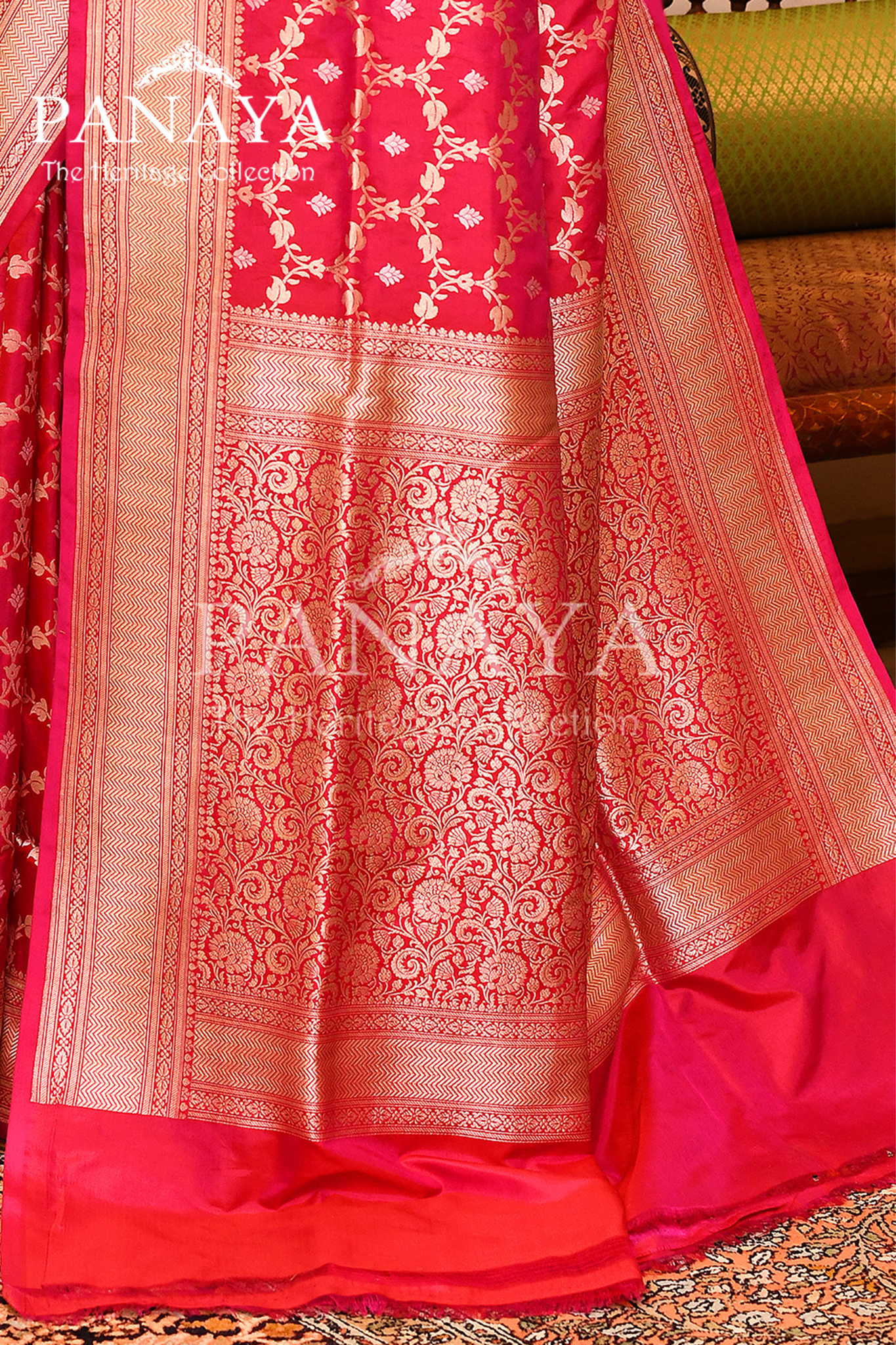 Saree Katan Silk Handwoven with Banrasi Aanchal & Border with Gold & Silver Jaal Design