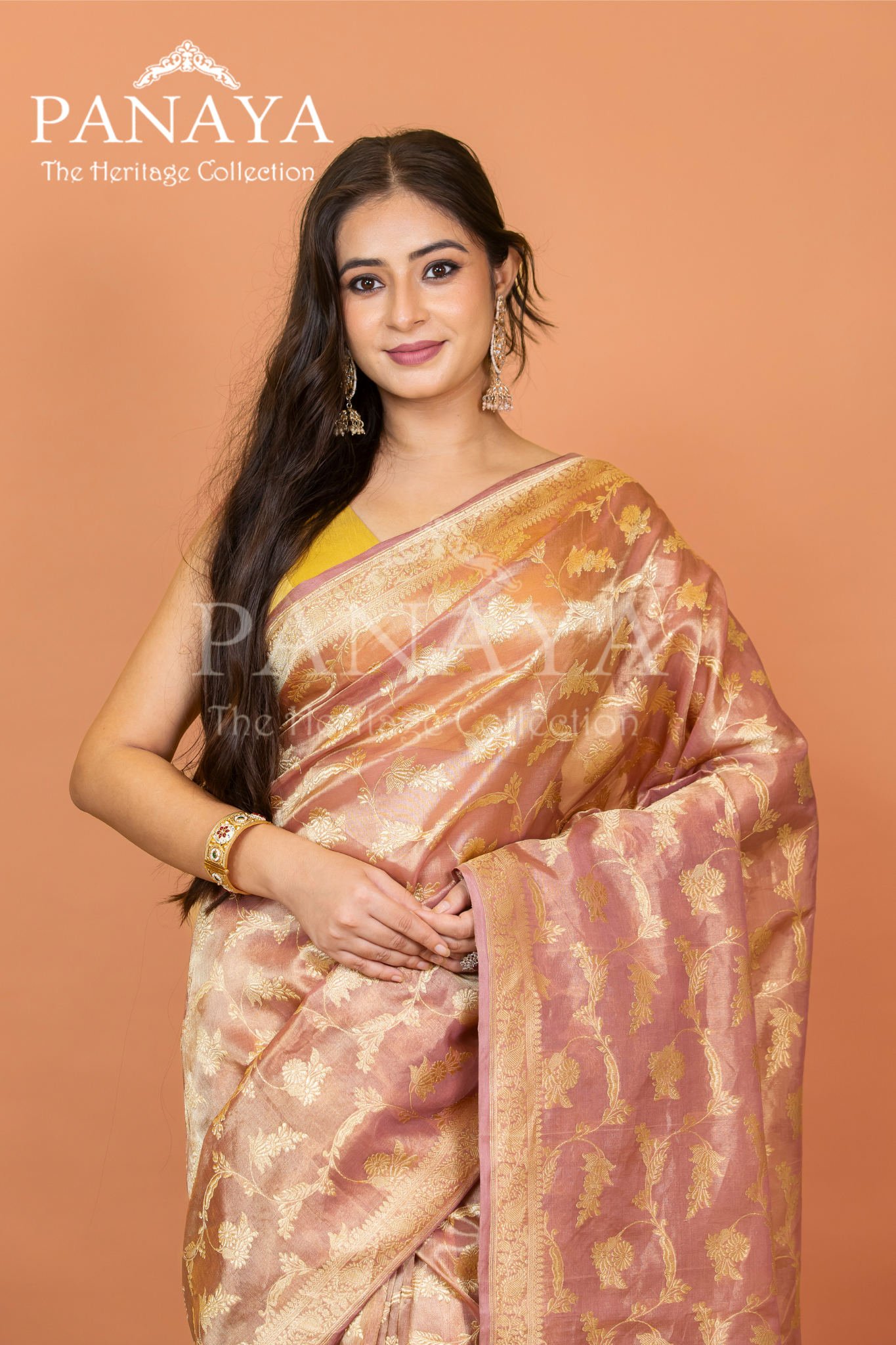 Tissue Silk Zaal Design With Gold Zari And Kairi Anchal