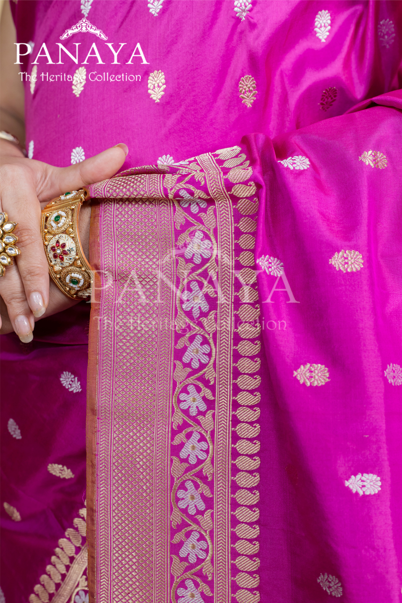 Handloom Katan Silk With Sona Rupa Butti With Banarasi Border And Anchal
