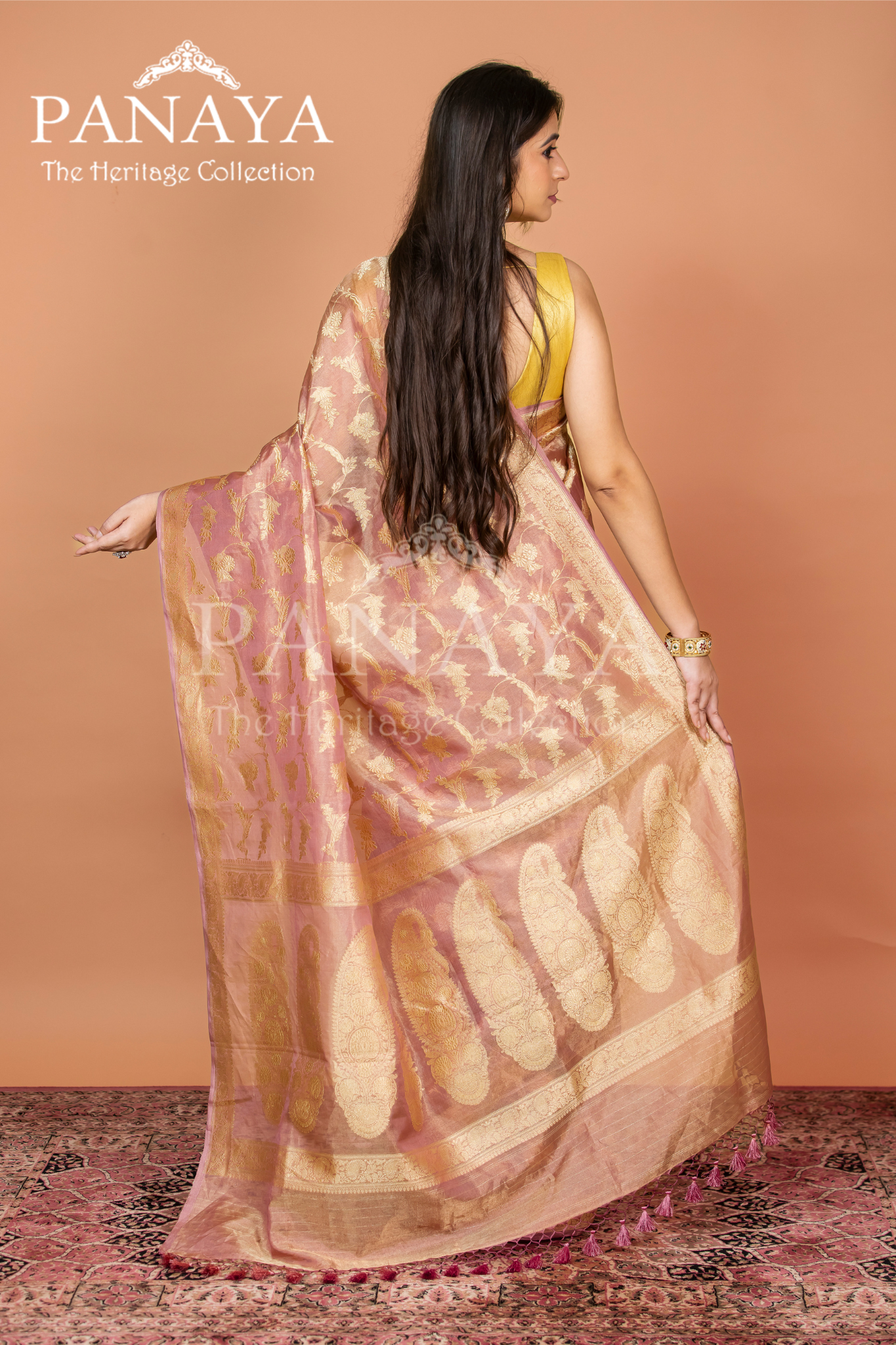 Tissue Silk Zaal Design With Gold Zari And Kairi Anchal