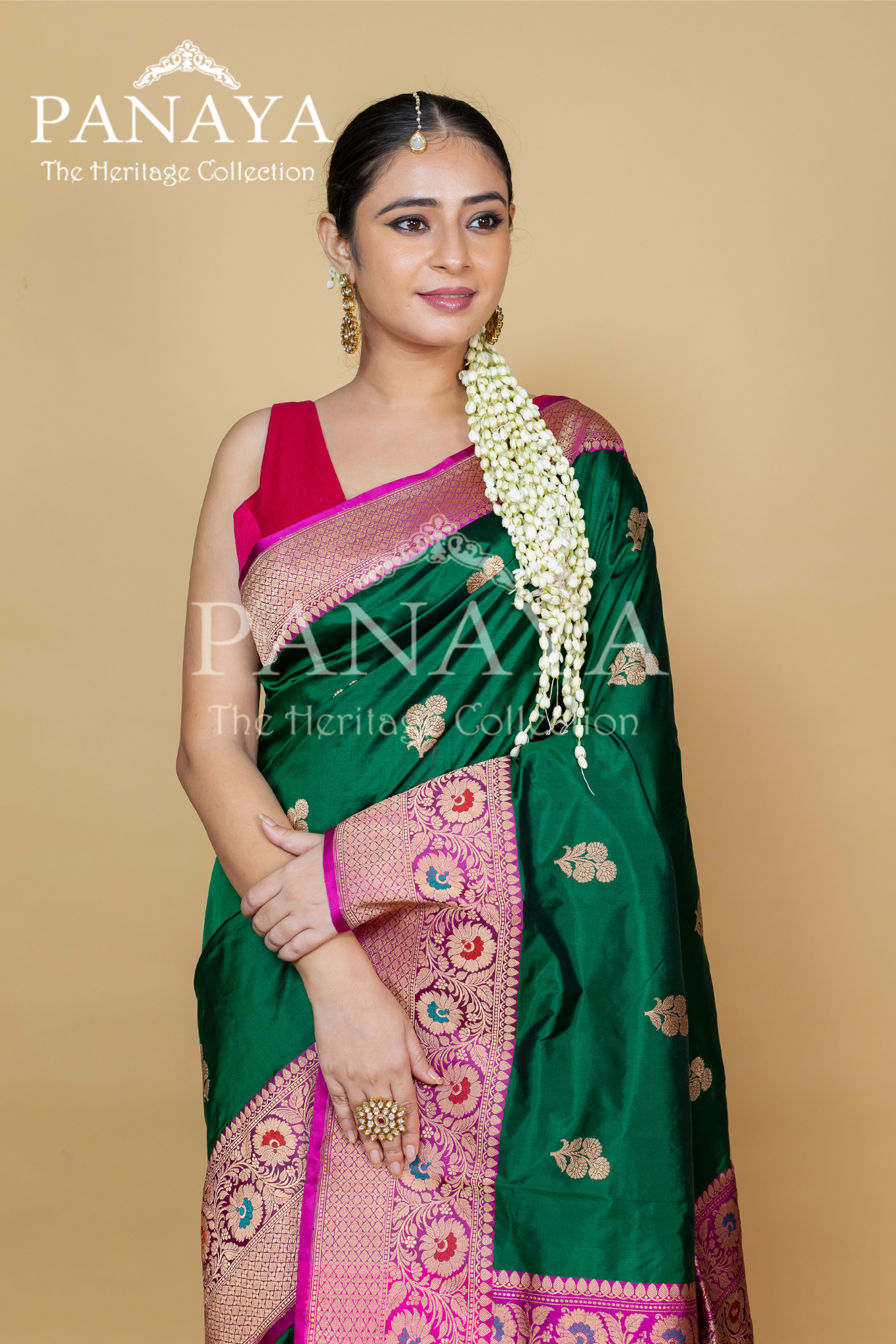 Buti Work With Meenakari Anchal And Border With Contrast Pink Color