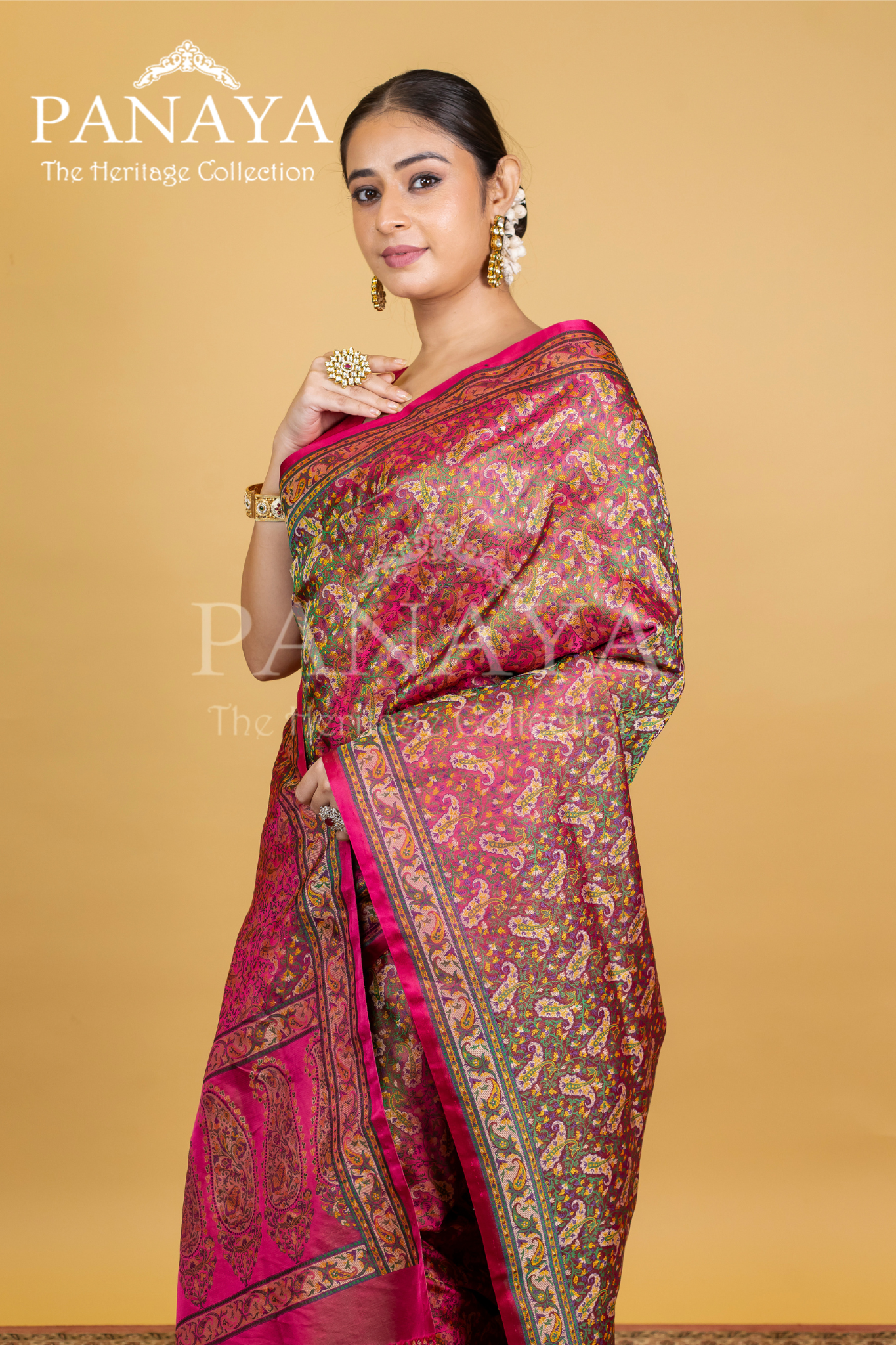 Katan Silk Banarasi Paigly Design With Four Color Resham Meenakari Work