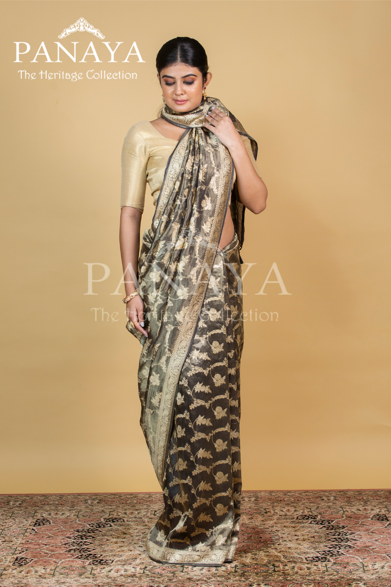 Tissue Silk Zaal Design With Gold Zari And Kairi Anchal