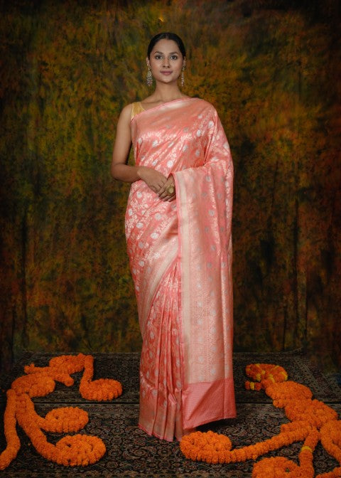 Peach Katan Pure Silk Cutwork Saree - Panaya 