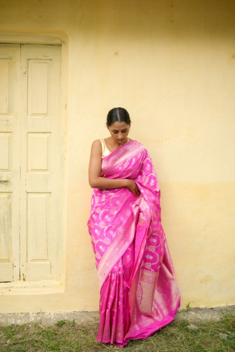 Rani Pink Katan Pure Silk Cutwork Saree - Panaya 