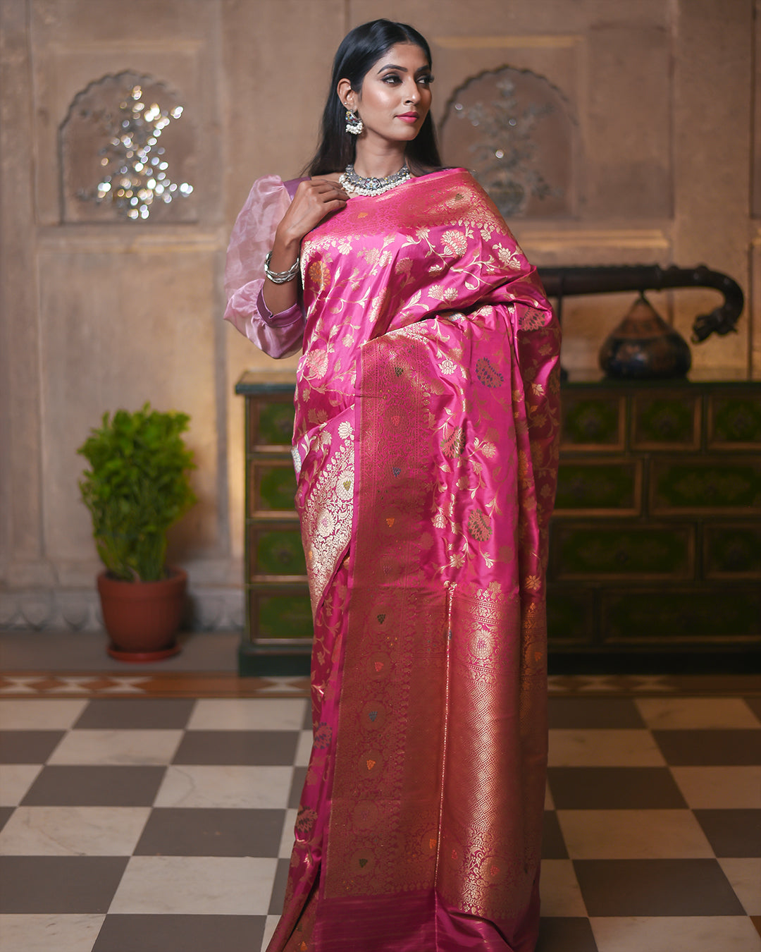 Pink Katan Pure Silk Handwoven Saree - Panaya 
