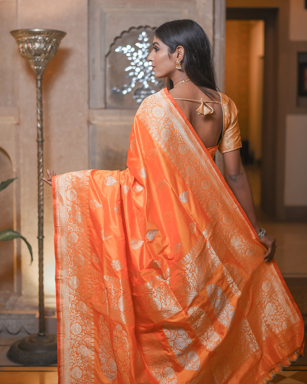 Orange Handwoven Kadwa Katan Silk Saree - Panaya 