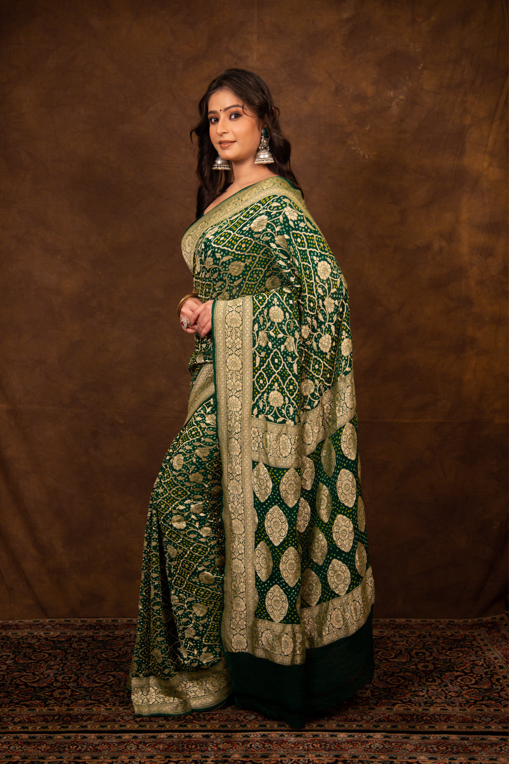 Green Saree Georgette Silk Bandhani - Panaya 