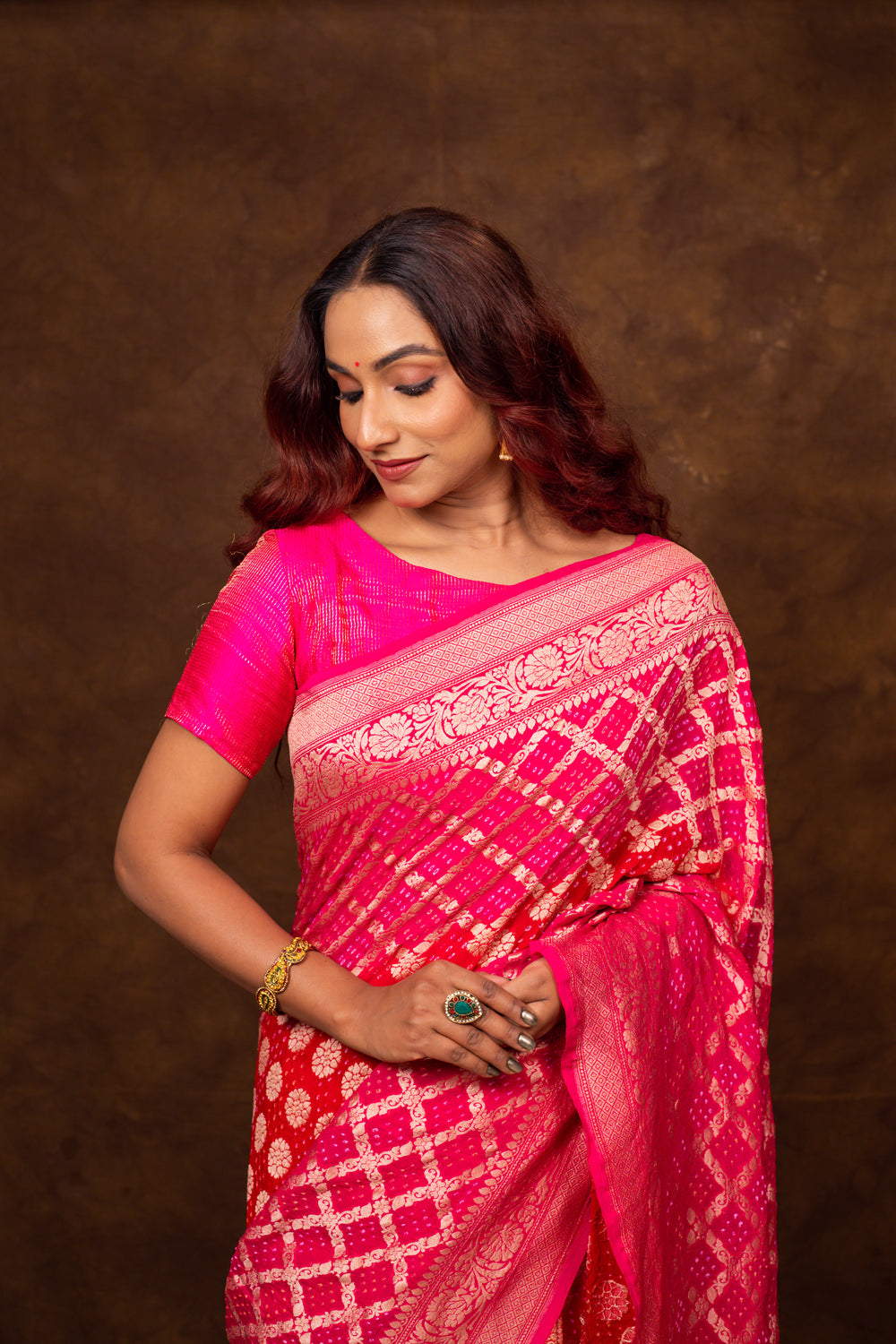 Red Saree Georgette Silk Bandhani - Panaya 