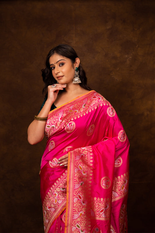Pink Saree Katan Silk Handwoven - Panaya 