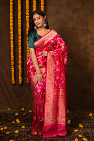 Hot Pink Katan Silk Saree — Kadwa Meena Jaal