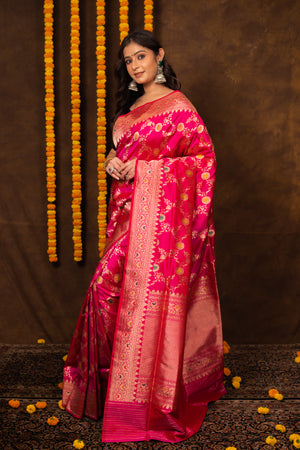 Hot Pink Katan Silk Saree — Kadwa Meena Jaal