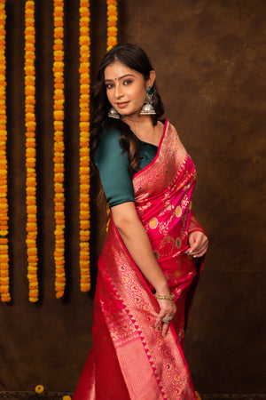 Hot Pink Katan Silk Saree — Kadwa Meena Jaal