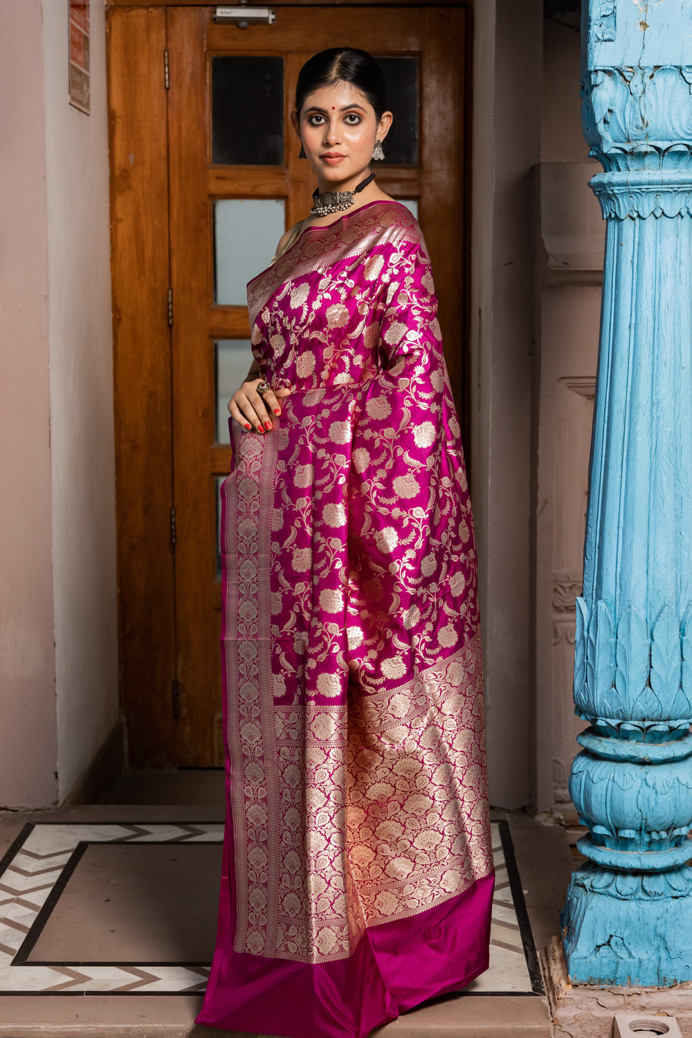 Purple Handwoven Cutwork Katan Silk Saree - Panaya 