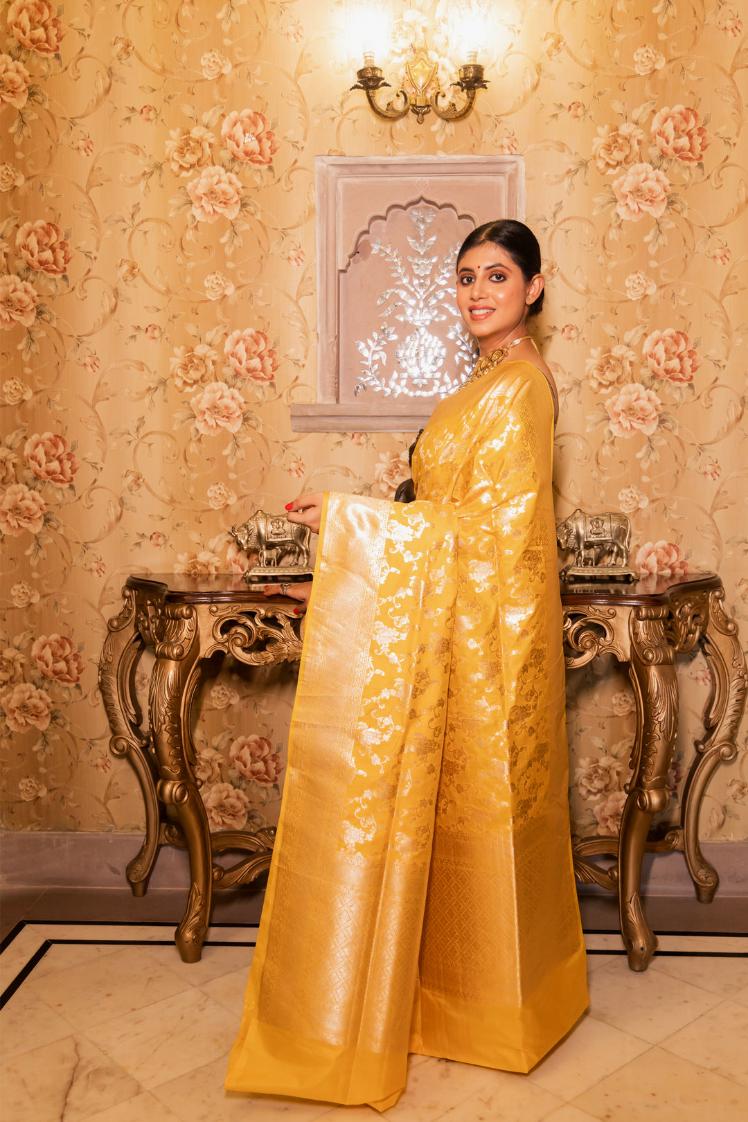 Yellow Handwoven Cutwork Katan Silk Saree - Panaya 