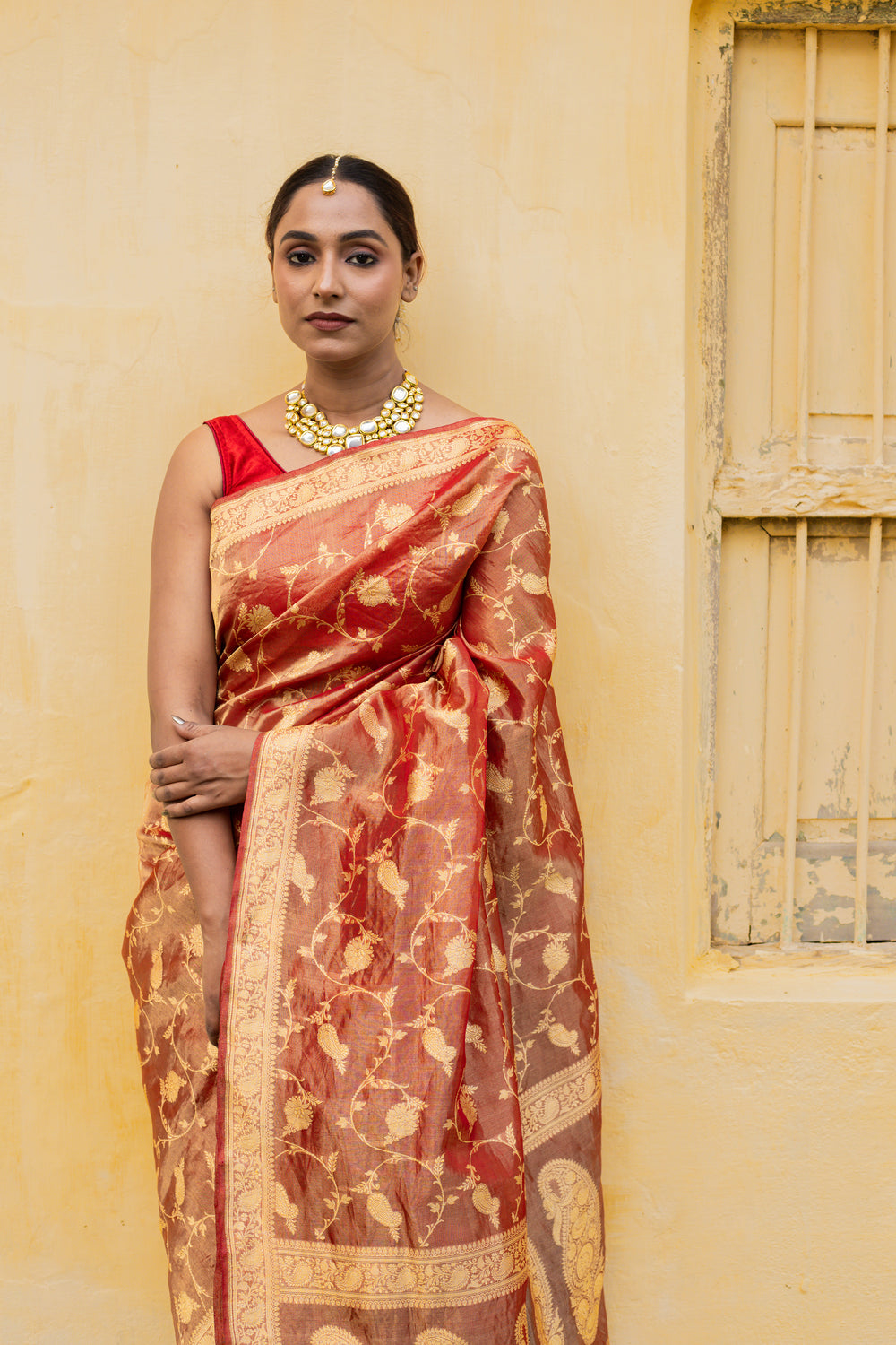 Maroon Saree Tissue Jangla Handwoven - Panaya 