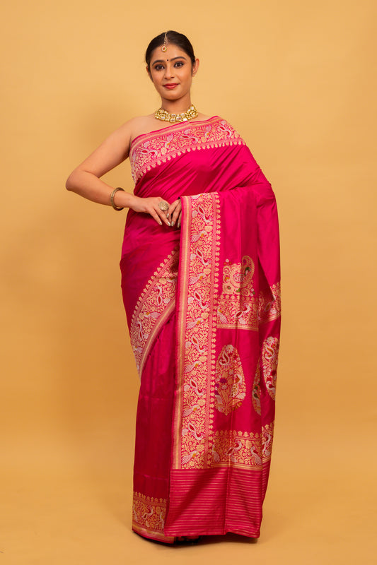 Rani Pink Saree Katan Silk Handwoven - Panaya 