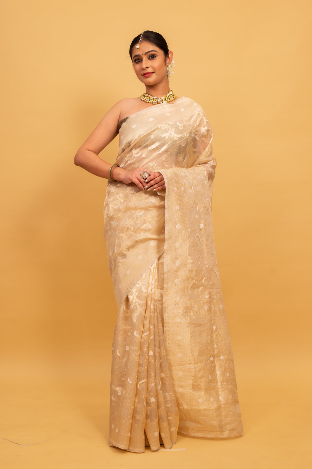 Cream Saree Tissue Jangla Handwoven - Panaya 