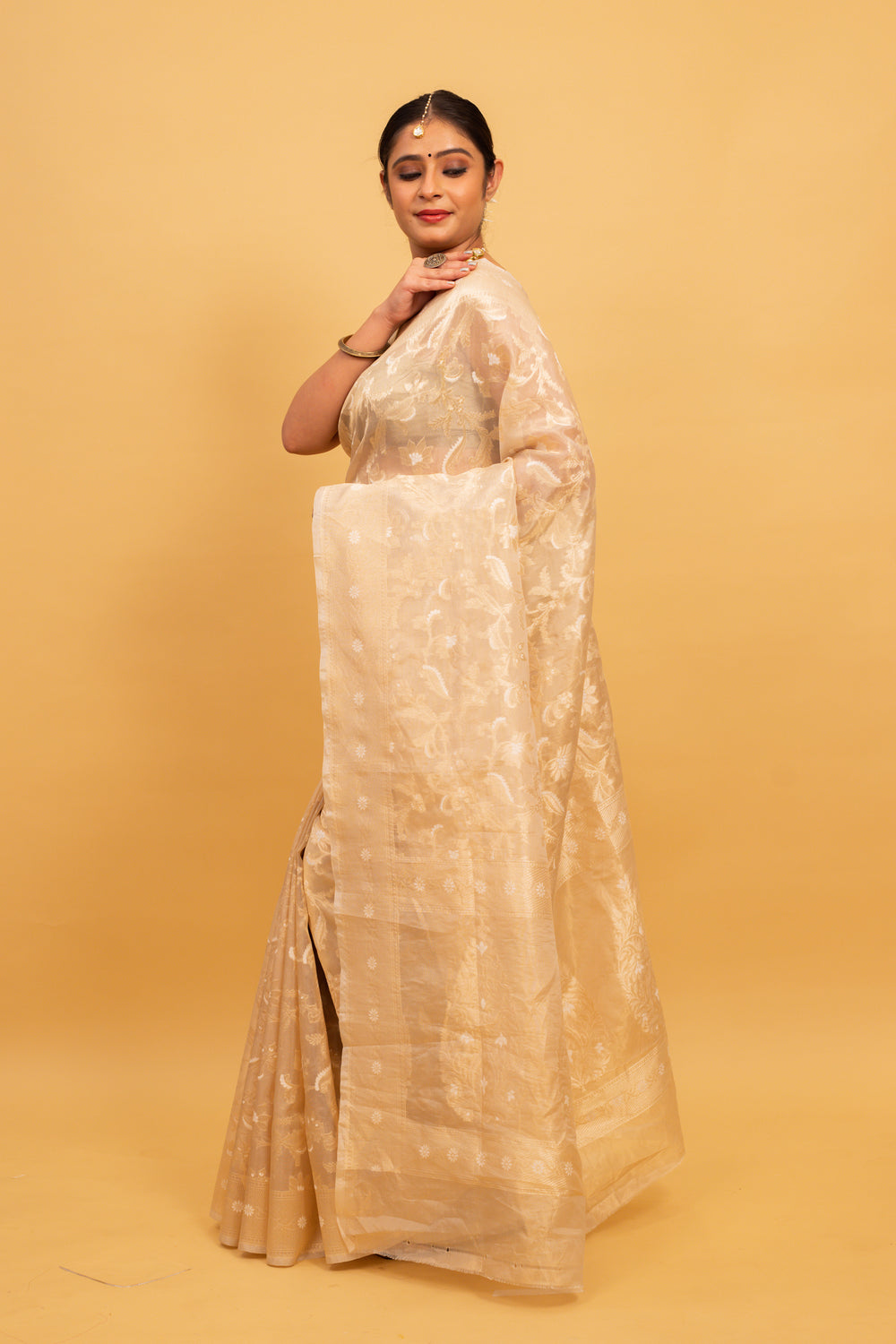 Cream Saree Tissue Jangla Handwoven - Panaya 