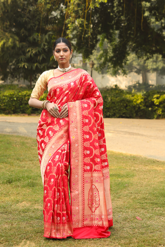 Red Katan Pure Silk Cutwork Saree - Panaya 