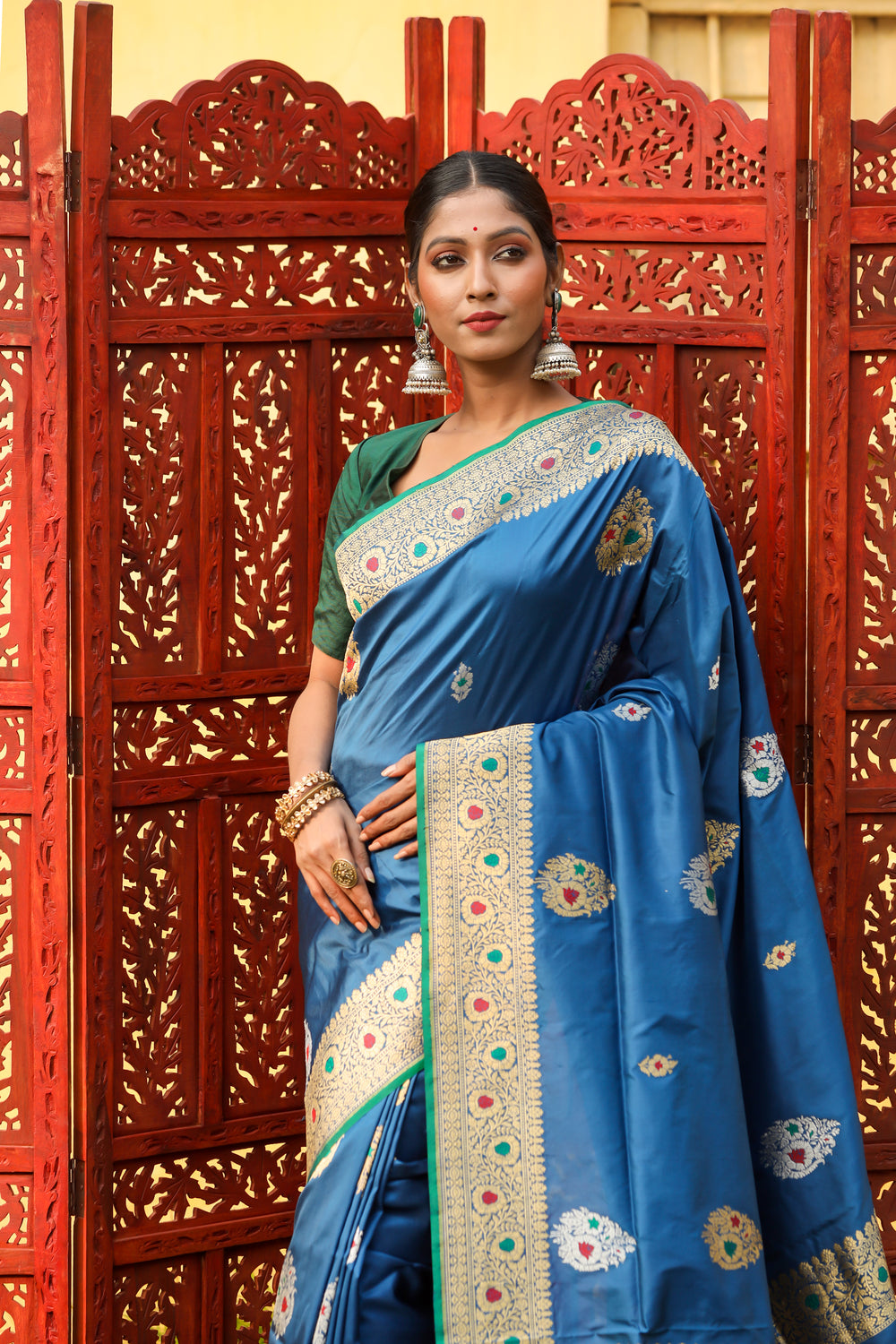 Teal Blue Katan Pure Silk Kadwa Saree - Panaya 