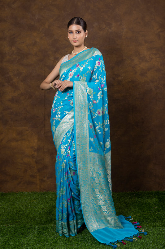 Turquoise Blue Georgette Khaddi Pure Silk Saree - Panaya 
