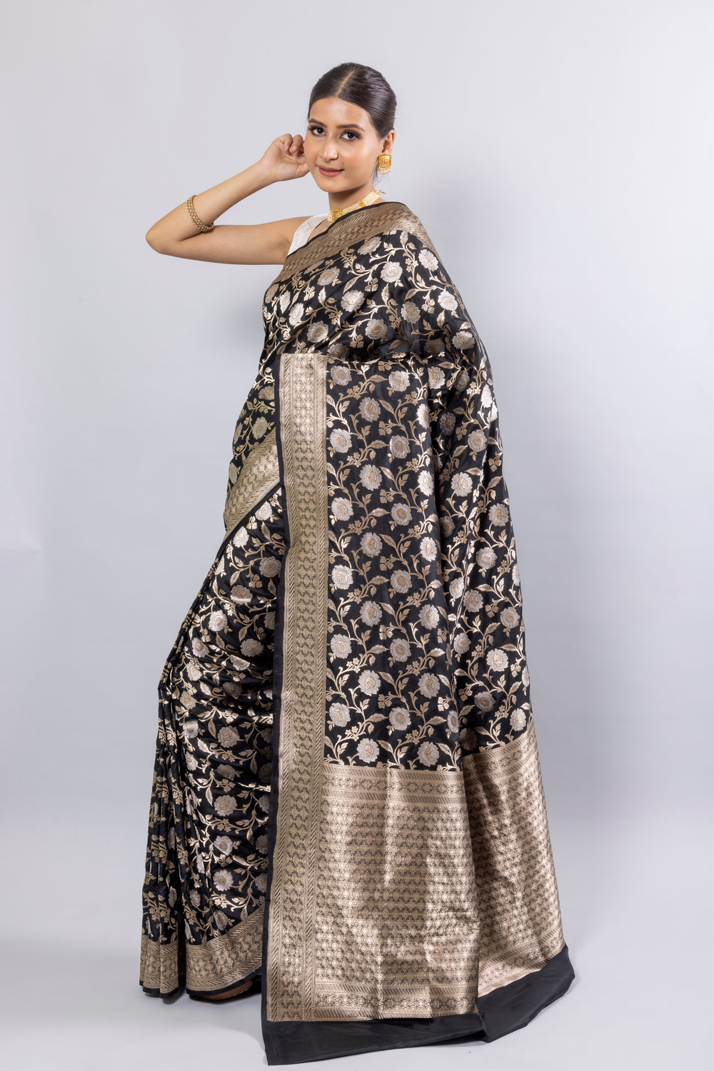 Black Handwoven Cutwork Katan Silk Saree - Panaya 