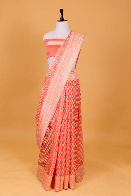 Peach Banarasi Cotton Cutwork Saree