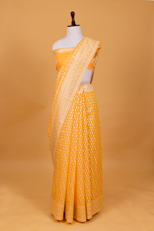 Yellow Banarasi Cotton Cutwork Saree
