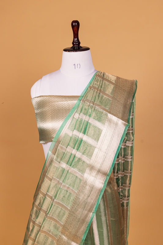 Light Green Tissue Pure Silk Cutwork Saree - Panaya 