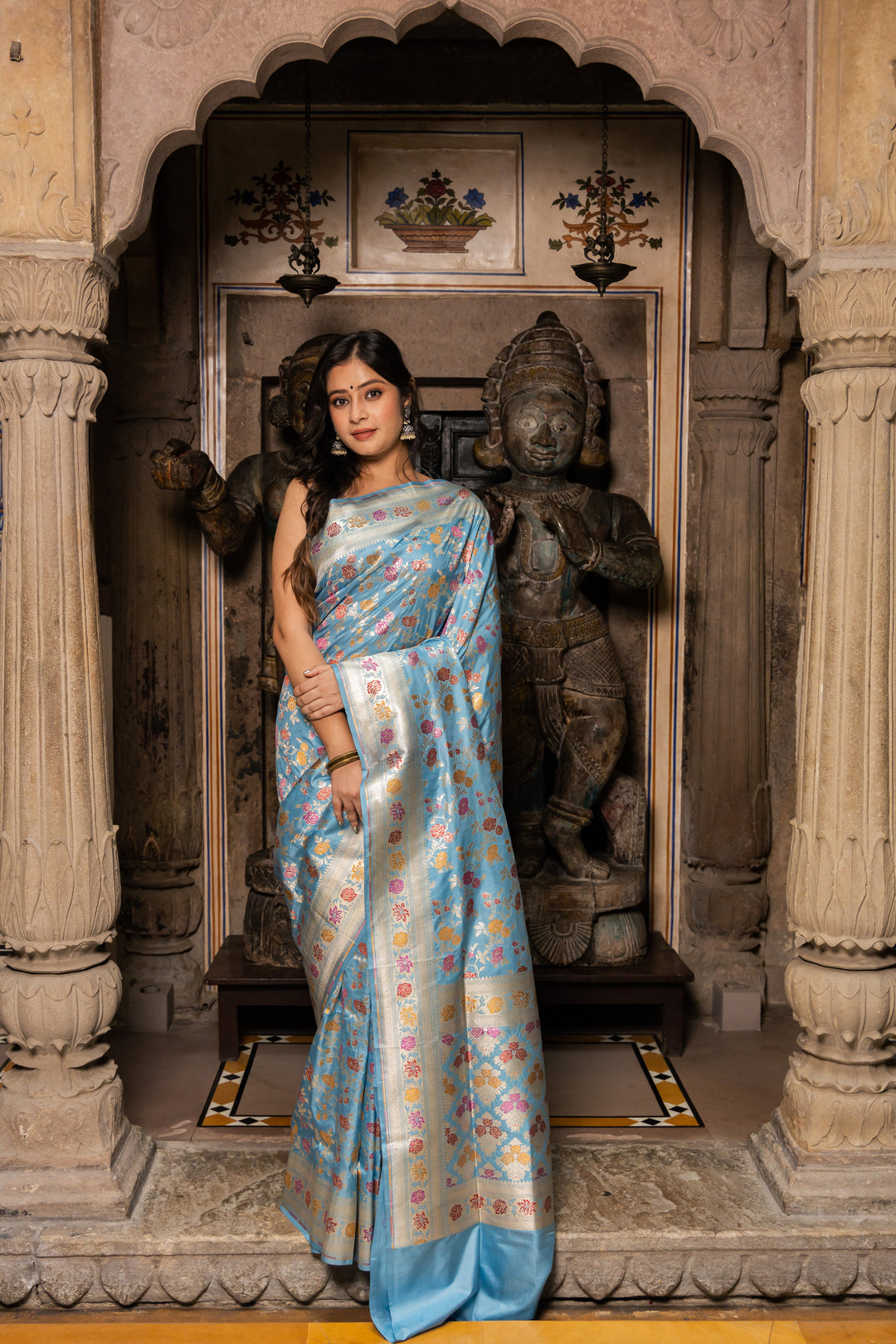 Light Blue Handwoven Cutwork Katan Silk Saree - Panaya 