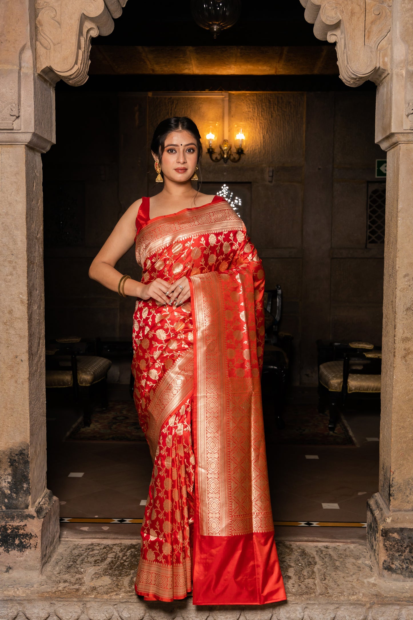 Red Handwoven Cutwork Katan Silk Saree - Panaya