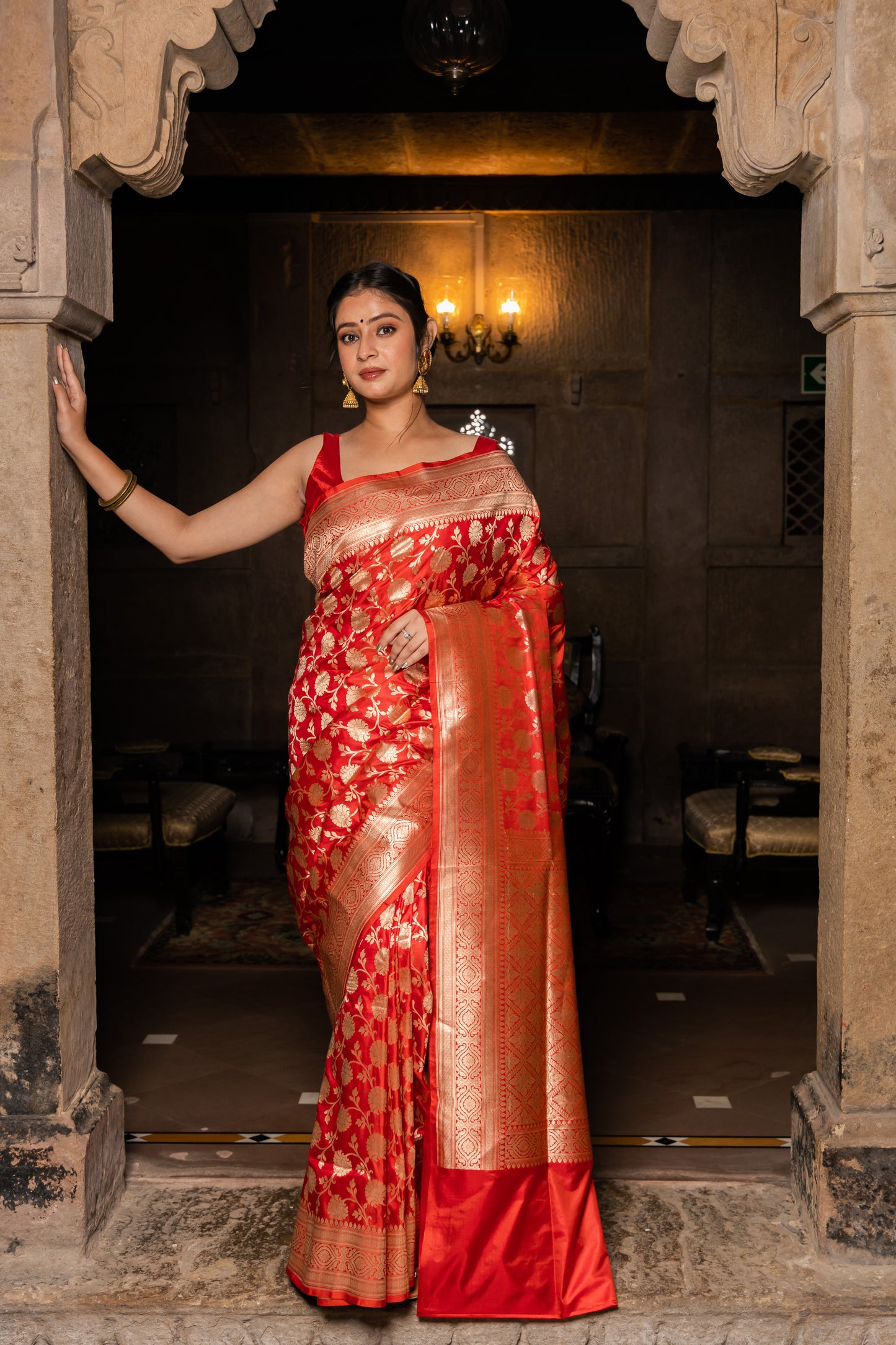 Red Handwoven Cutwork Katan Silk Saree - Panaya
