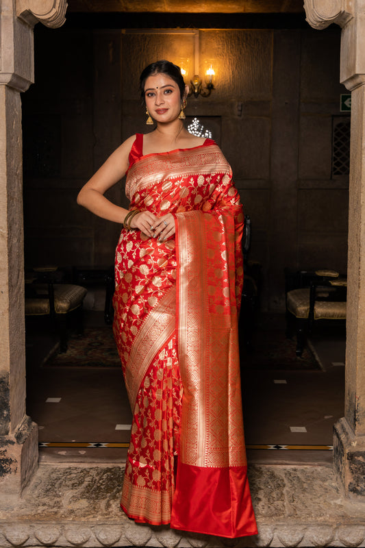 Red Handwoven Cutwork Katan Silk Saree - Panaya