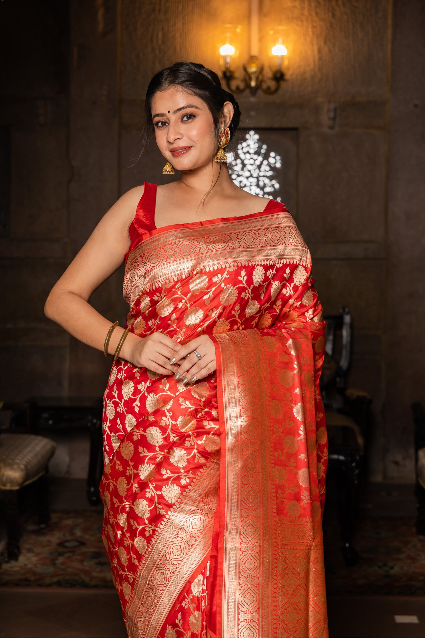 Red Handwoven Cutwork Katan Silk Saree - Panaya