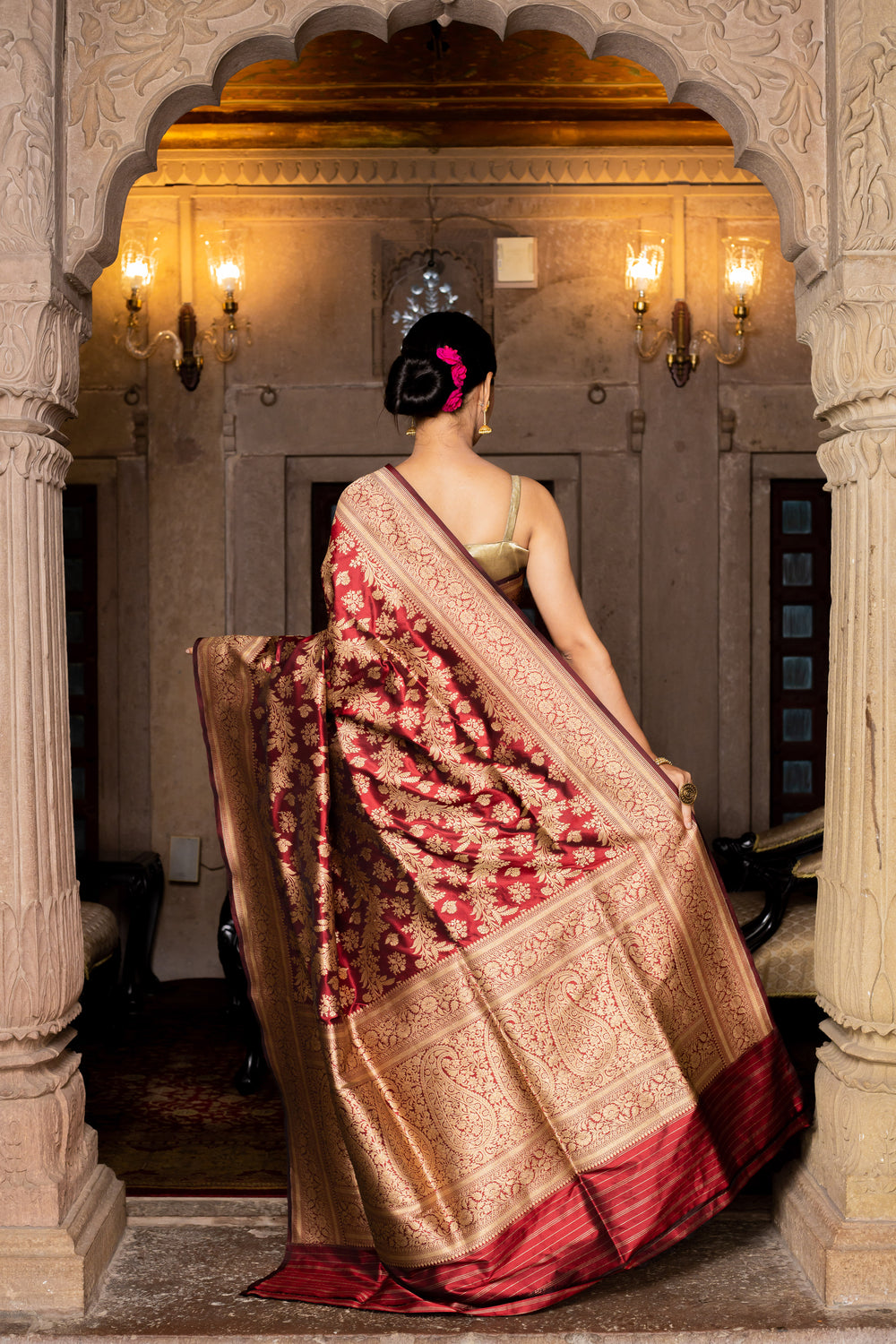 Maroon Handwoven Cutwork Katan Silk Saree - Panaya 